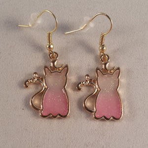 Gold Pink Cat Drop Dangle Earrings New Mystical Pink Hypoallergenic Hooks